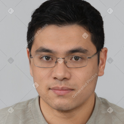 Neutral asian young-adult male with short  black hair and brown eyes