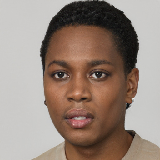 Neutral black young-adult female with short  black hair and brown eyes