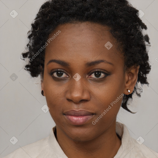 Neutral black young-adult female with short  black hair and brown eyes