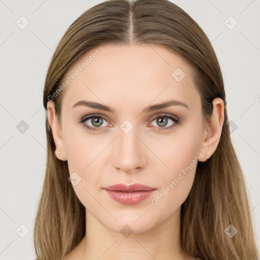 Neutral white young-adult female with long  brown hair and brown eyes