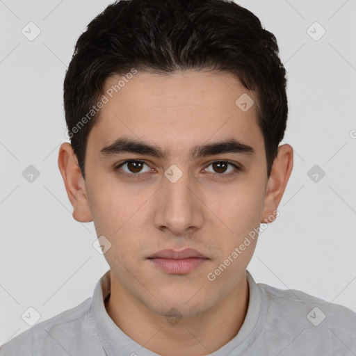 Neutral white young-adult male with short  brown hair and brown eyes