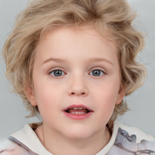 Neutral white child female with medium  blond hair and blue eyes