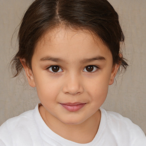 Joyful white child female with medium  brown hair and brown eyes