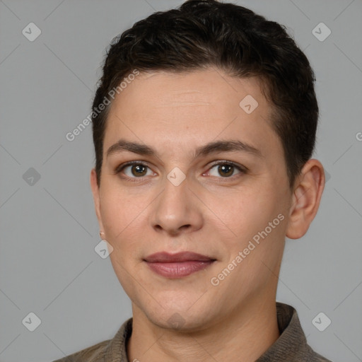 Joyful white young-adult female with short  brown hair and brown eyes