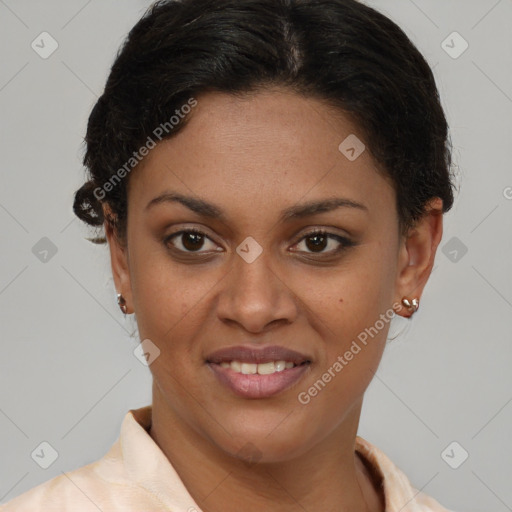 Joyful latino young-adult female with short  brown hair and brown eyes