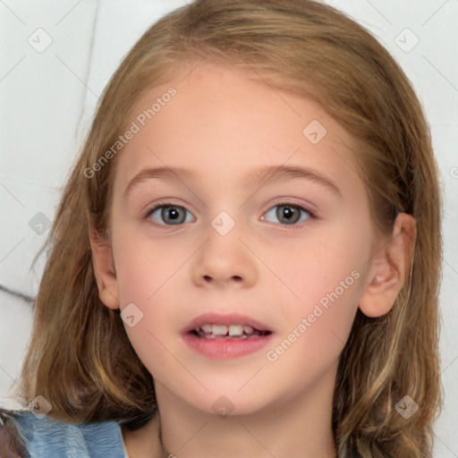 Neutral white child female with medium  brown hair and grey eyes