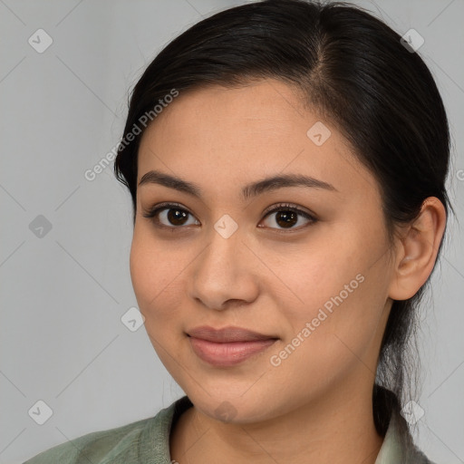 Joyful white young-adult female with medium  brown hair and brown eyes