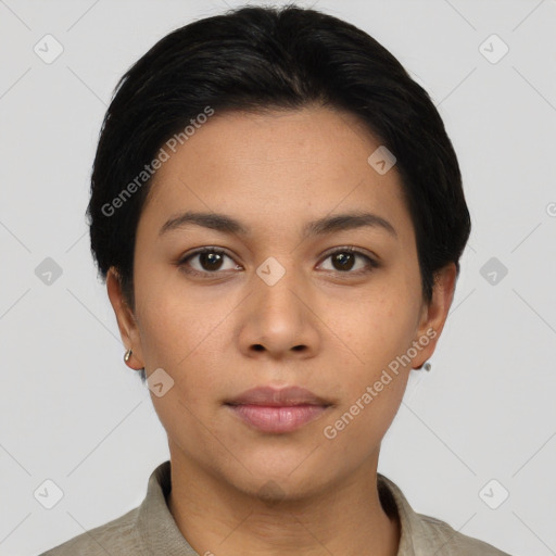 Neutral asian young-adult female with short  black hair and brown eyes