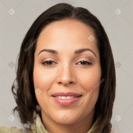 Joyful white young-adult female with medium  brown hair and brown eyes