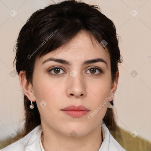 Neutral white young-adult female with medium  brown hair and brown eyes