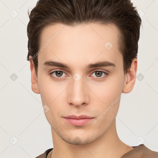 Neutral white young-adult male with short  brown hair and brown eyes