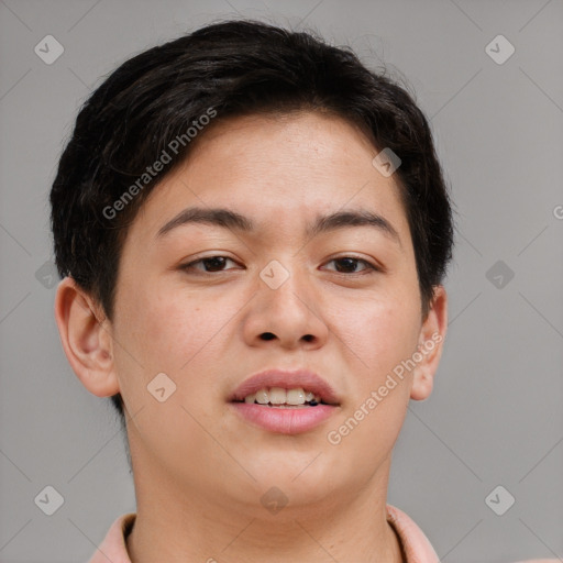 Joyful white young-adult female with short  brown hair and brown eyes
