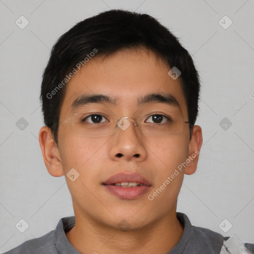 Neutral asian young-adult male with short  brown hair and brown eyes