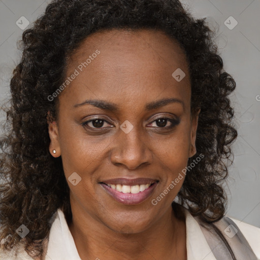 Joyful black adult female with medium  brown hair and brown eyes