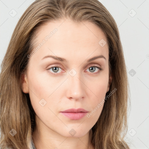 Neutral white young-adult female with long  brown hair and blue eyes