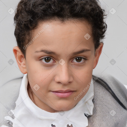 Joyful white child female with short  brown hair and brown eyes