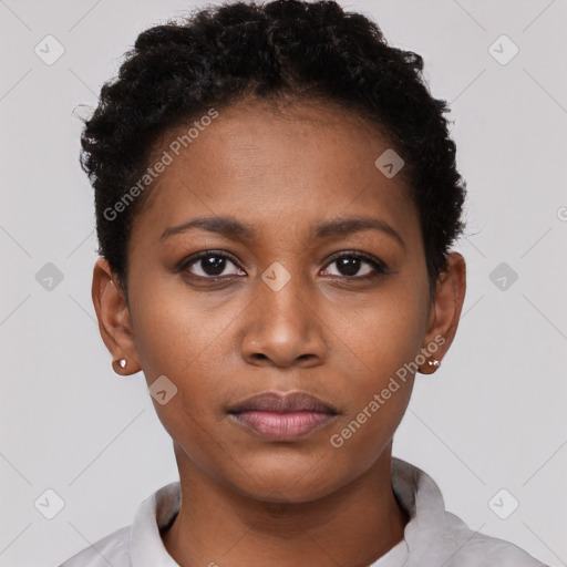 Neutral black young-adult female with short  black hair and brown eyes