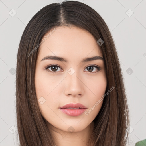 Neutral white young-adult female with long  brown hair and brown eyes