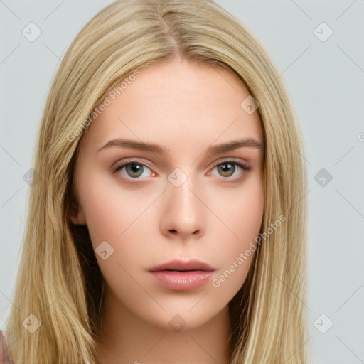 Neutral white young-adult female with long  brown hair and brown eyes