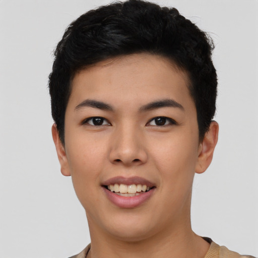 Joyful latino young-adult female with short  black hair and brown eyes