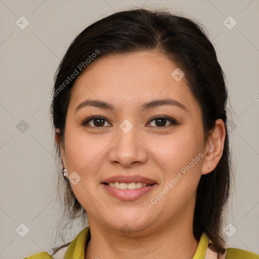 Joyful white young-adult female with medium  brown hair and brown eyes