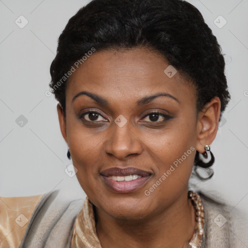 Joyful latino young-adult female with short  brown hair and brown eyes