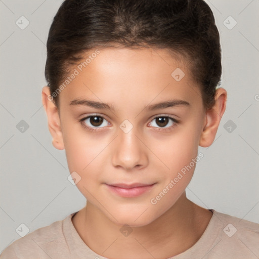 Joyful white child female with short  brown hair and brown eyes