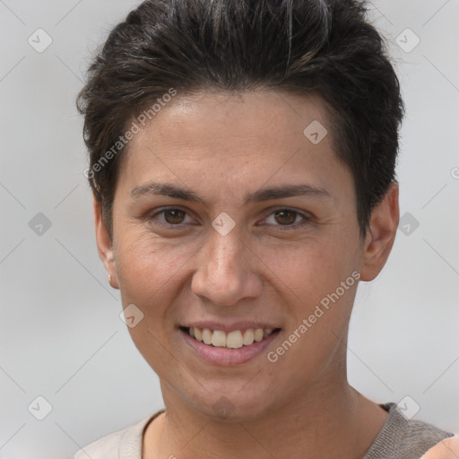 Joyful white young-adult female with short  brown hair and brown eyes