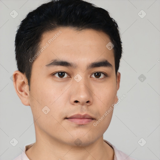 Neutral asian young-adult male with short  black hair and brown eyes