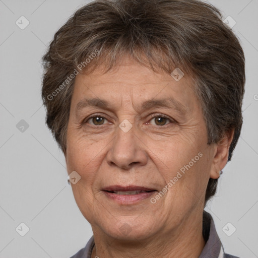 Joyful white middle-aged male with short  brown hair and brown eyes