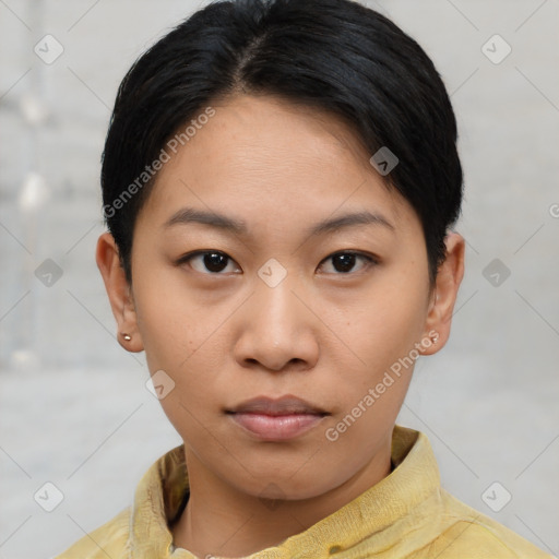 Neutral asian young-adult female with short  brown hair and brown eyes