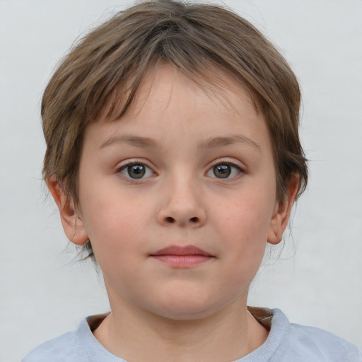 Neutral white child female with medium  brown hair and blue eyes