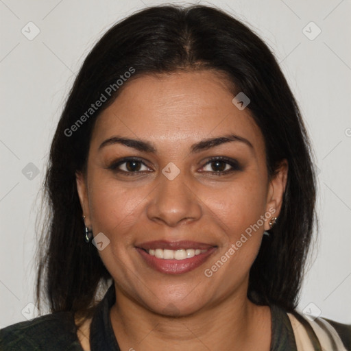 Joyful latino young-adult female with medium  brown hair and brown eyes