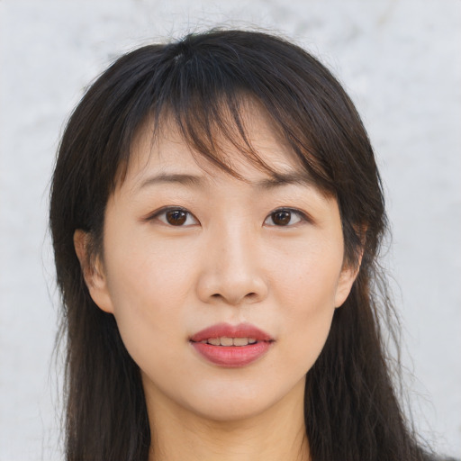 Neutral asian young-adult female with long  brown hair and brown eyes