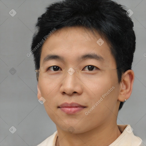 Neutral asian young-adult male with short  black hair and brown eyes