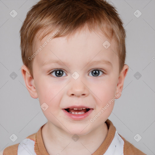 Joyful white child male with short  brown hair and brown eyes