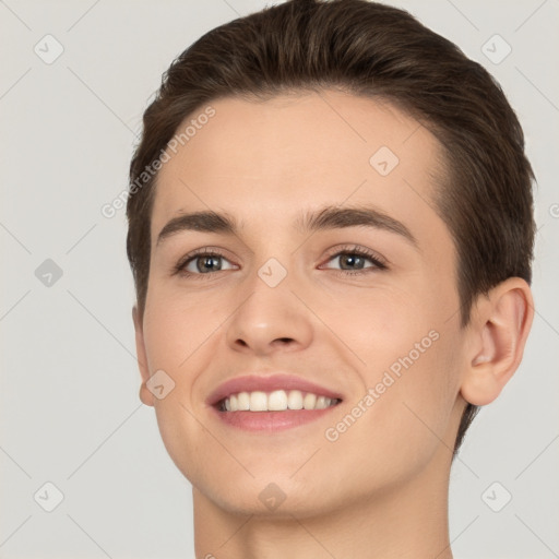 Joyful white young-adult female with short  brown hair and brown eyes