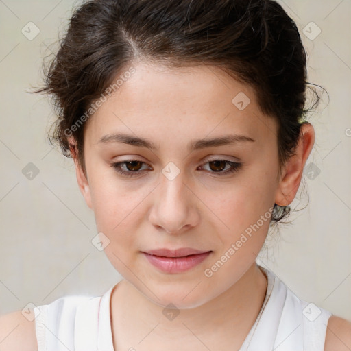 Joyful white child female with medium  brown hair and brown eyes