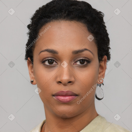 Neutral black young-adult female with short  black hair and brown eyes