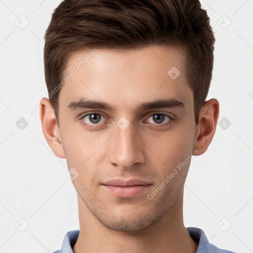 Neutral white young-adult male with short  brown hair and brown eyes