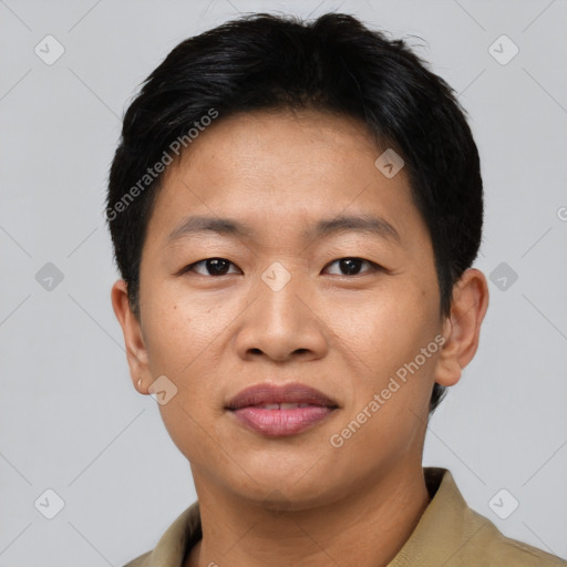 Joyful asian young-adult male with short  brown hair and brown eyes