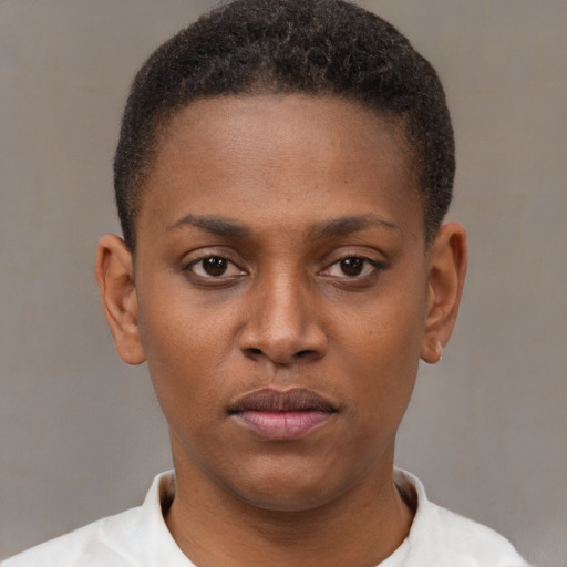 Neutral black young-adult female with short  brown hair and brown eyes