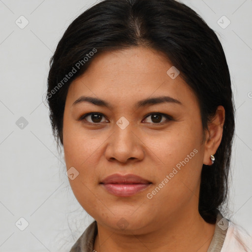 Joyful asian young-adult female with medium  brown hair and brown eyes