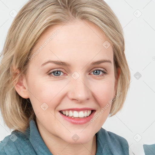 Joyful white young-adult female with medium  brown hair and blue eyes