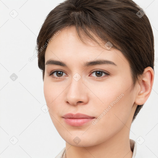 Neutral white young-adult female with short  brown hair and brown eyes