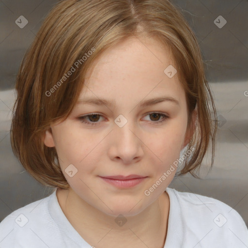 Joyful white child female with medium  brown hair and brown eyes