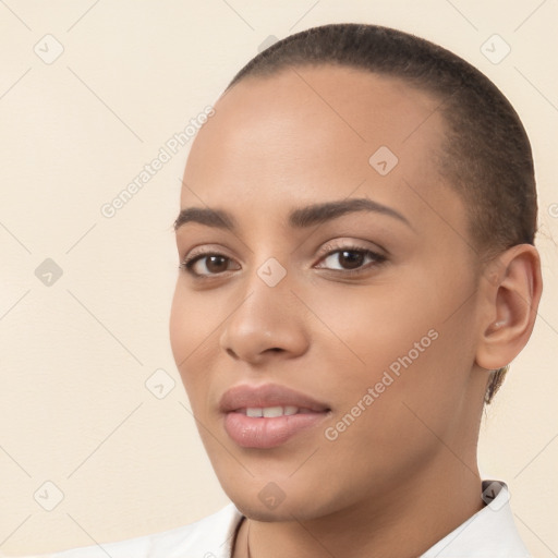 Neutral white young-adult female with short  brown hair and brown eyes