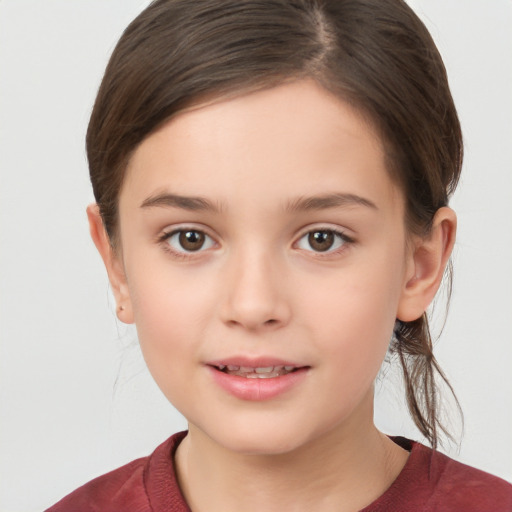 Joyful white child female with medium  brown hair and brown eyes