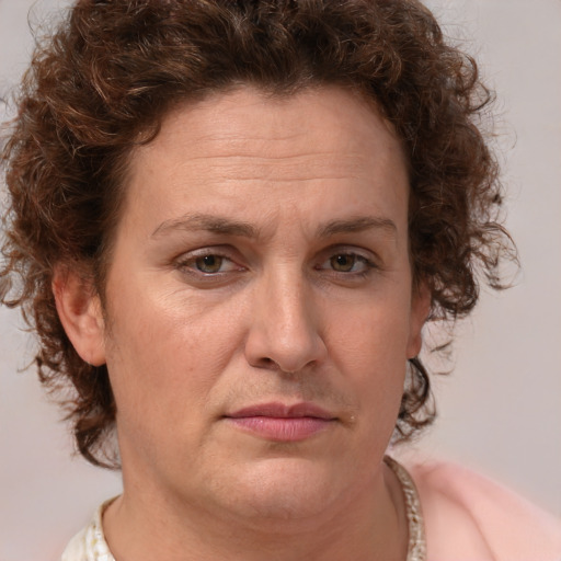 Joyful white adult female with medium  brown hair and green eyes