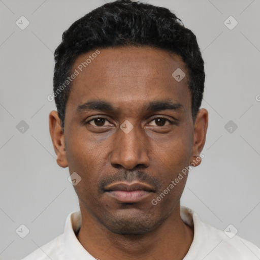 Neutral black young-adult male with short  black hair and brown eyes